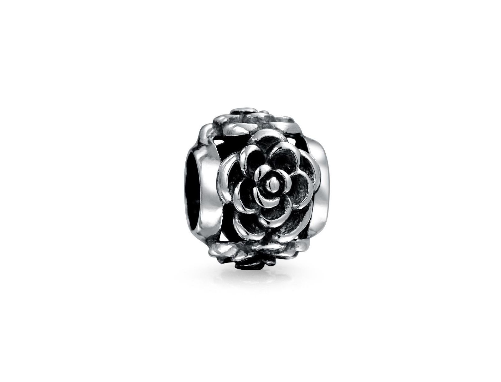 Bling Jewelry Flower Floral Black Rose Charm Bead for Bracelet .925 Sterling Silver