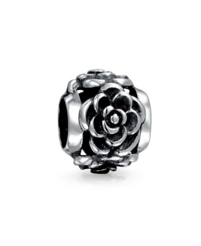 Bling Jewelry Flower Floral Black Rose Charm Bead for Bracelet .925 Sterling Silver