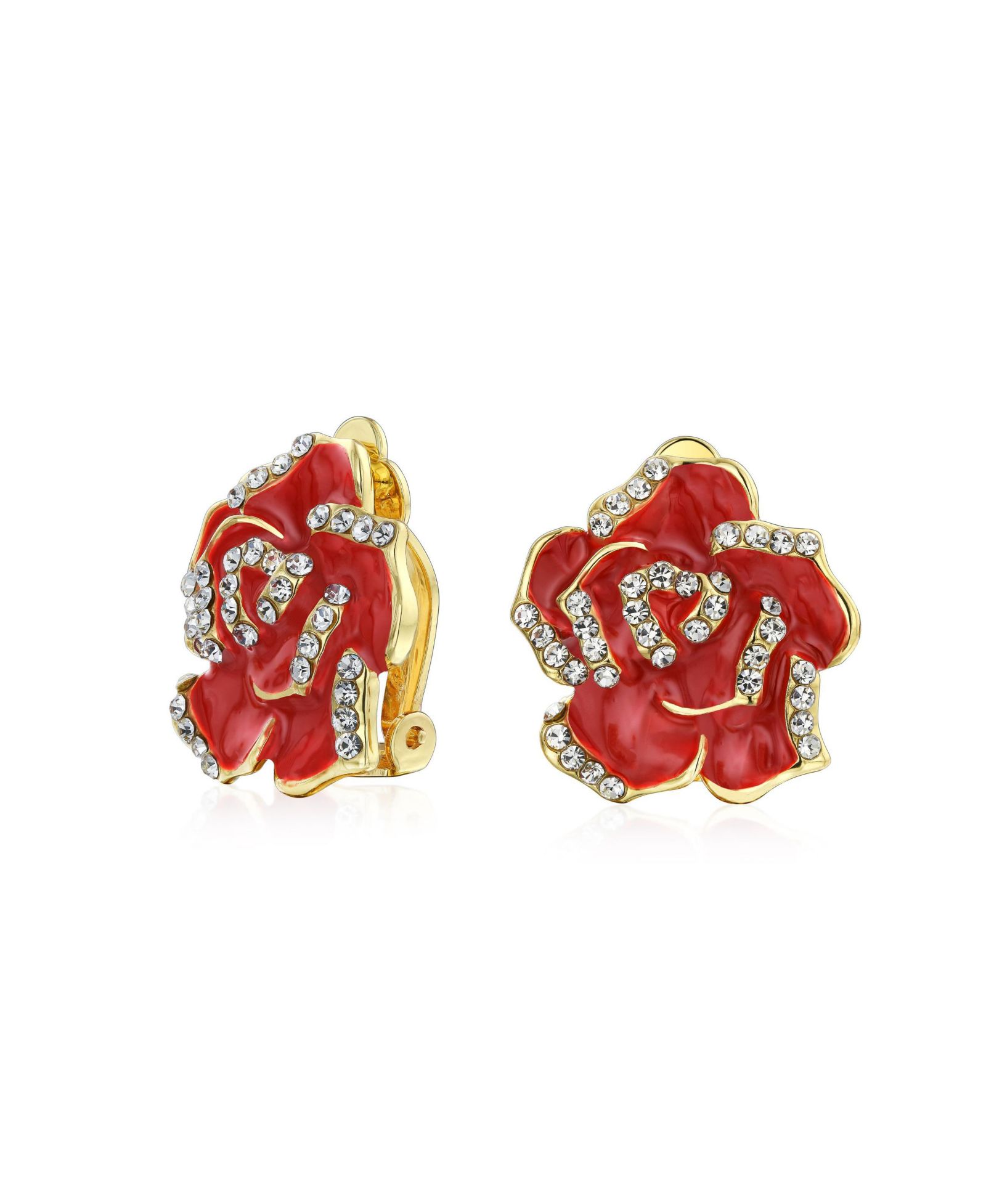 Серьги-клипсы Bling Jewelry Retro Enamel Flower Red Rose с кристаллами, позолота 14K Yellow Gold