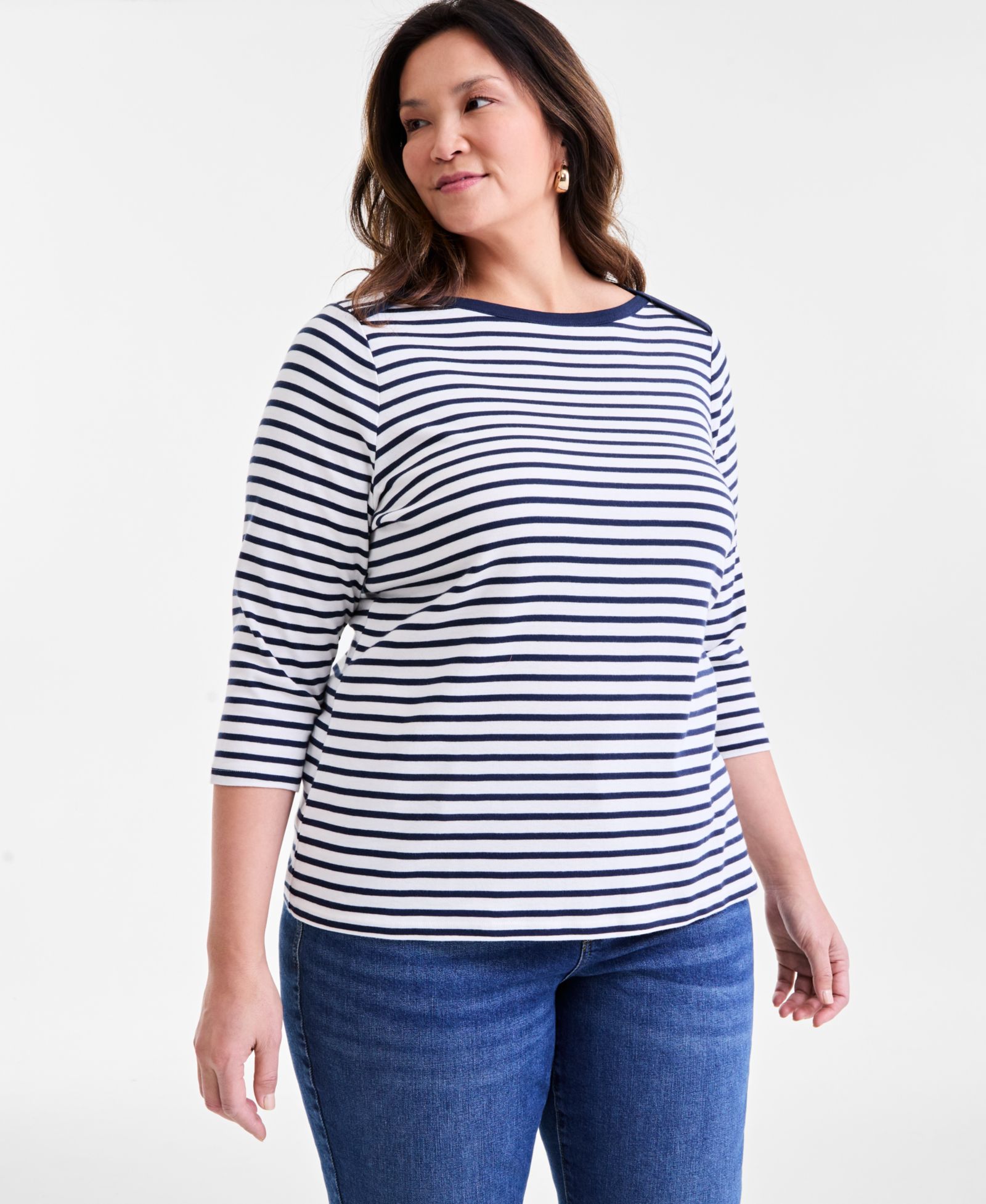Style & Co Plus Size Stripe 3/4 Sleeve Boat-Neck Top, Exclusively at Macy's