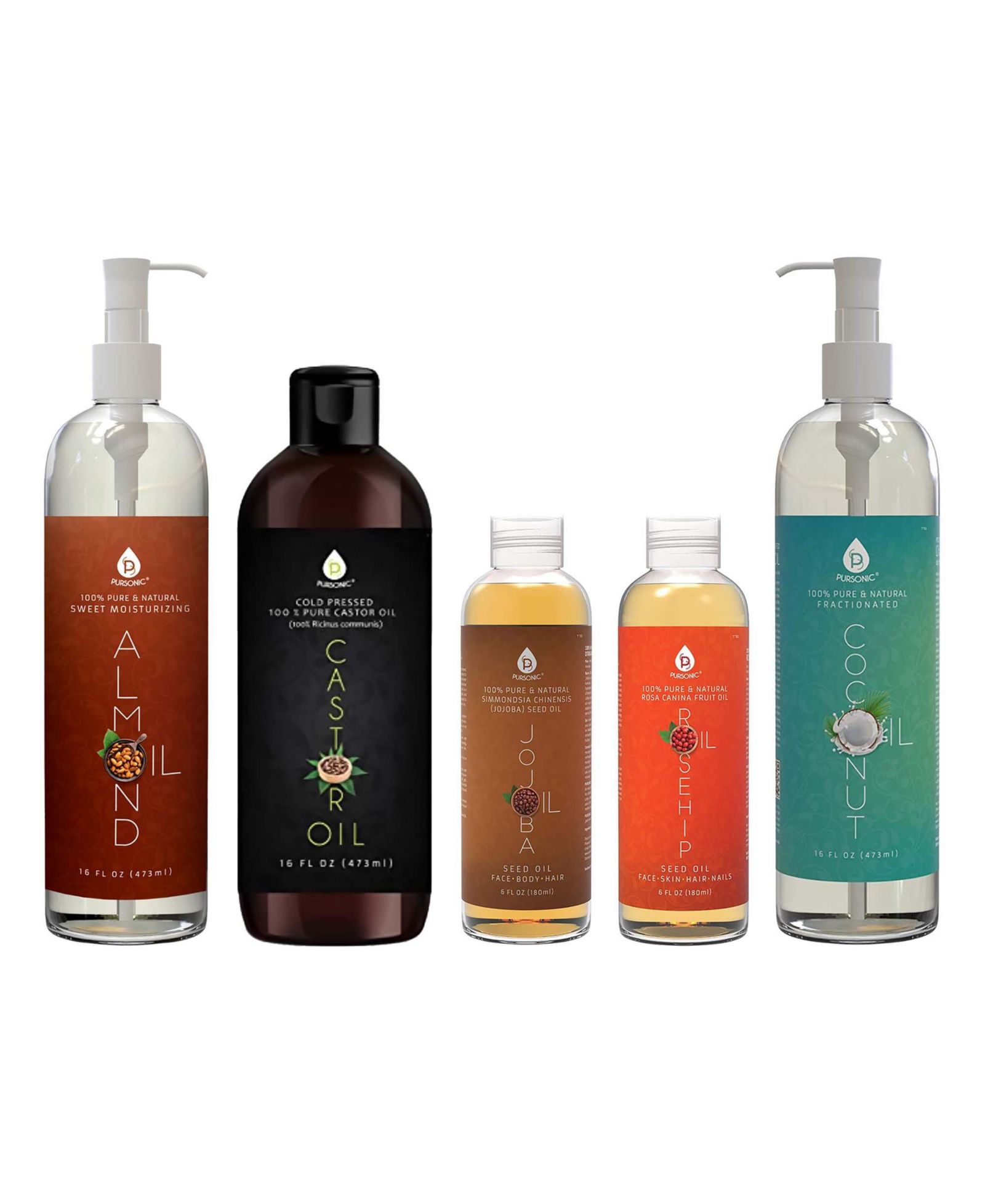 Pursonic Essential Oils & Skin Care Mega Bundle – 100% Pure Golden Jojoba Oil, Rosehip Oil, Sweet Almond Oil, Fractionated Coconut Oil, and Castor Oil