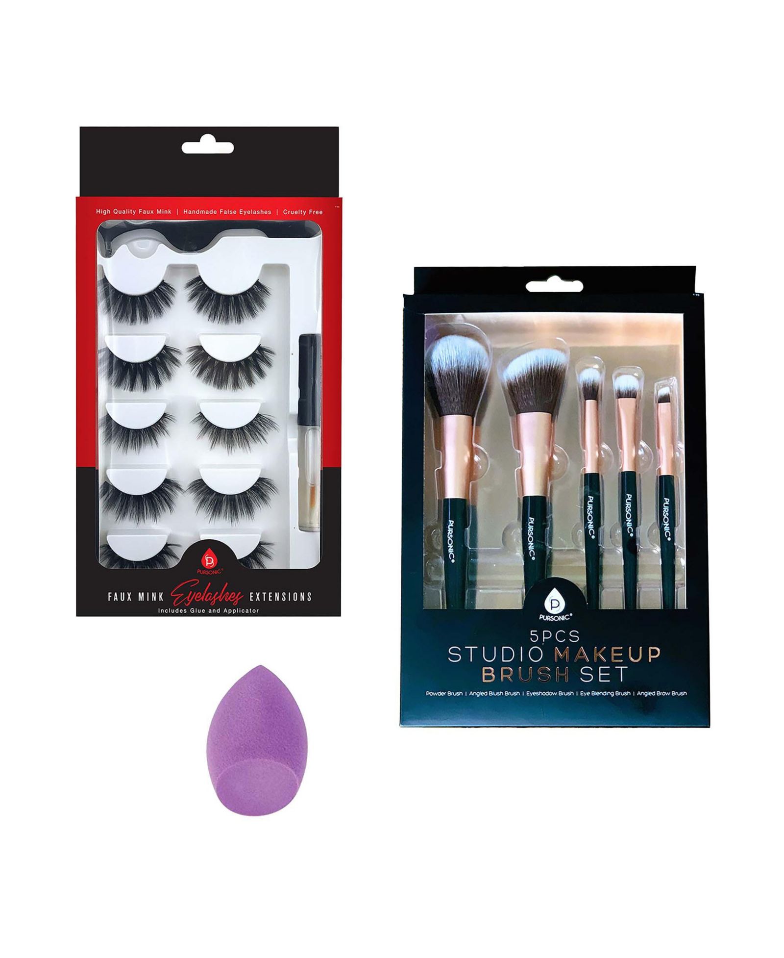 Pursonic Glam Essentials Bundle: 3D Faux Mink Lashes, Makeup Sponge & Brush Set