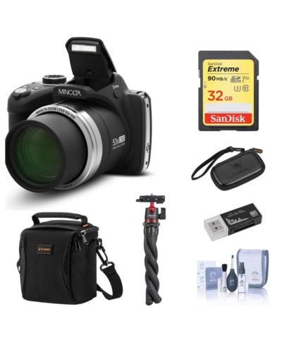 Minolta MN53Z 16MP FHD Digital Camera с 53x Optical Zoom, Wi-Fi, Black Bundle с Shoulder Bag, Octopus Tripod, 32GB SD Card, Reader, Card Case