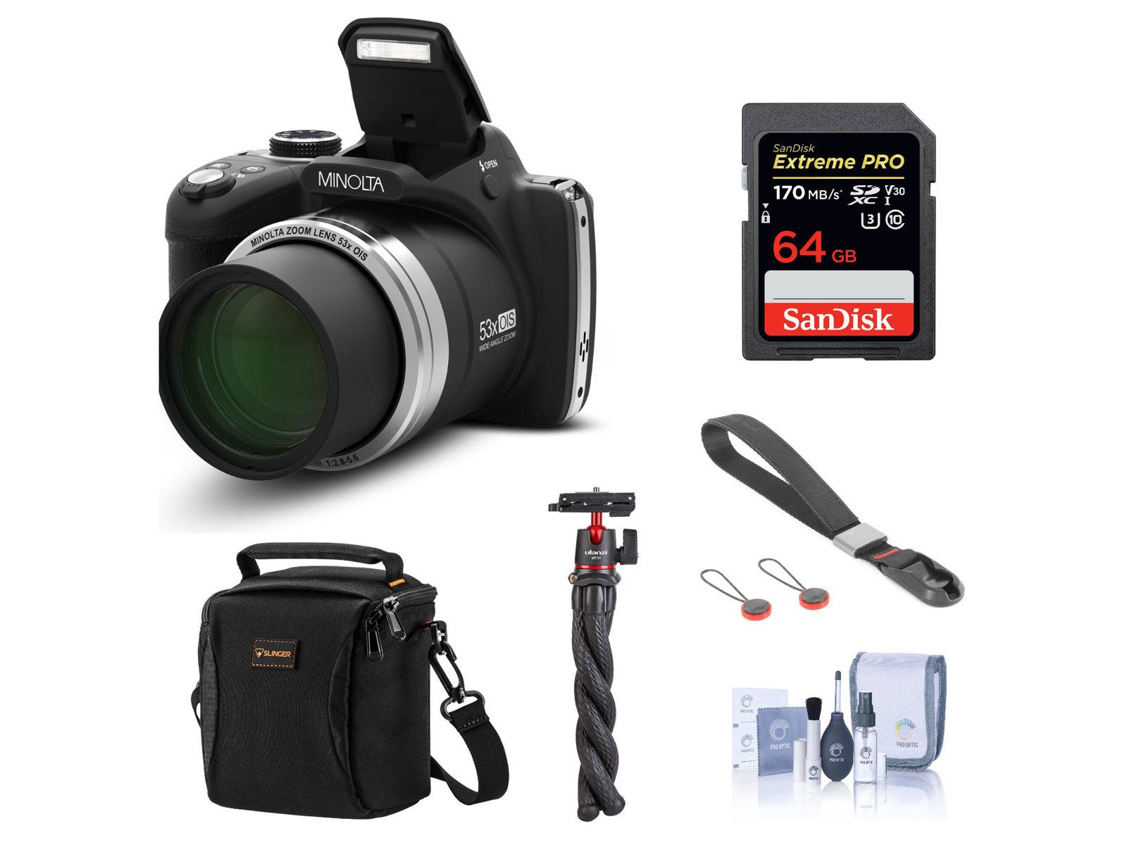 Minolta MN53Z 16MP FHD Digital Camera, 53x Zoom, Black with Essentials Kit