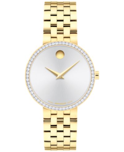 Женские часы Movado Museum Classic с выращенным бриллиантом и желтым PVD покрытием 29.5mm