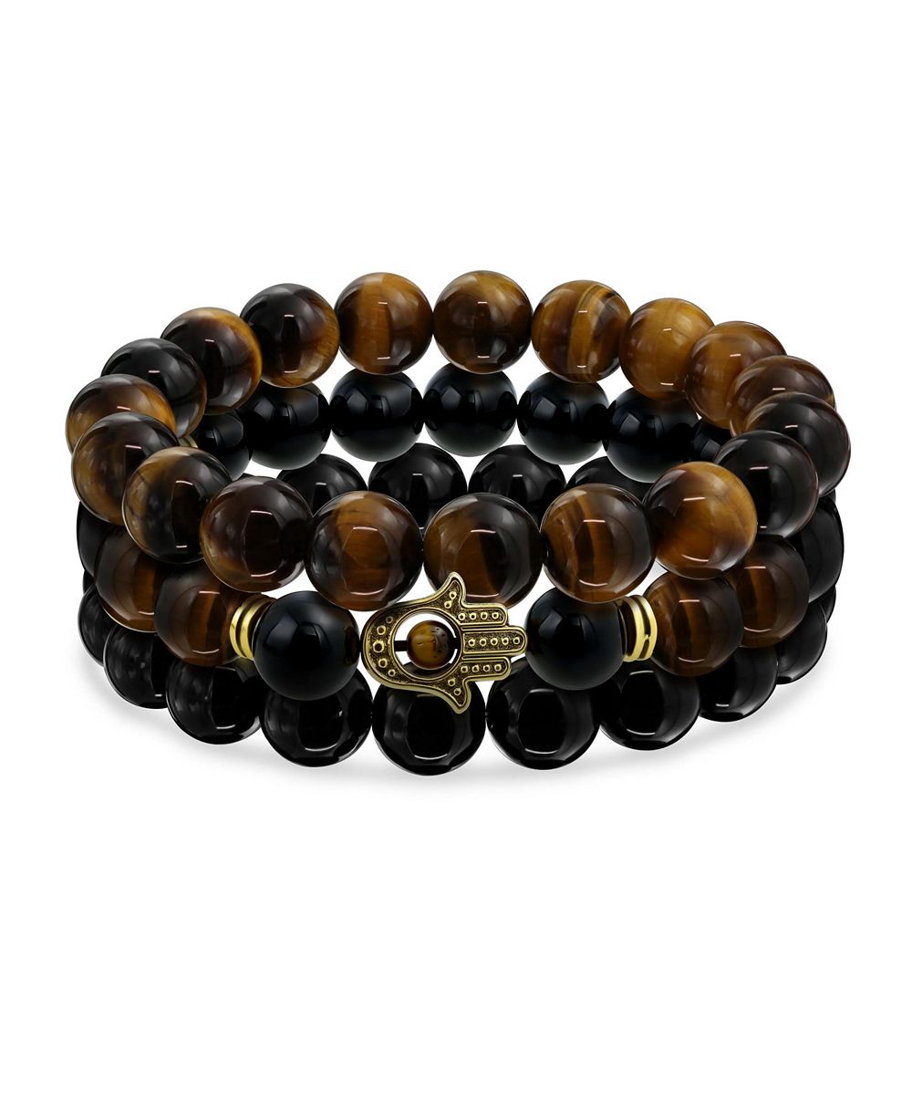 Bling Jewelry Set of 3 Tiger Eye & Onyx Bead Stretch Bracelet with Hamsa Hand - Gold Plated
