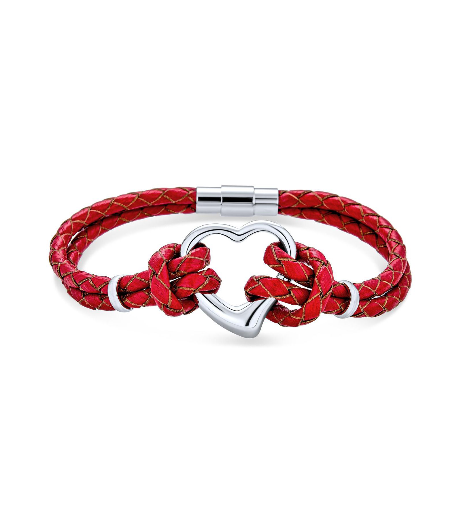 Bling Jewelry Open Heart Charm Red Genuine Leather Multi Strand Bracelet Silver Plated