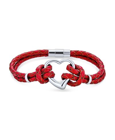 Bling Jewelry Open Heart Charm Red Genuine Leather Multi Strand Bracelet Silver Plated