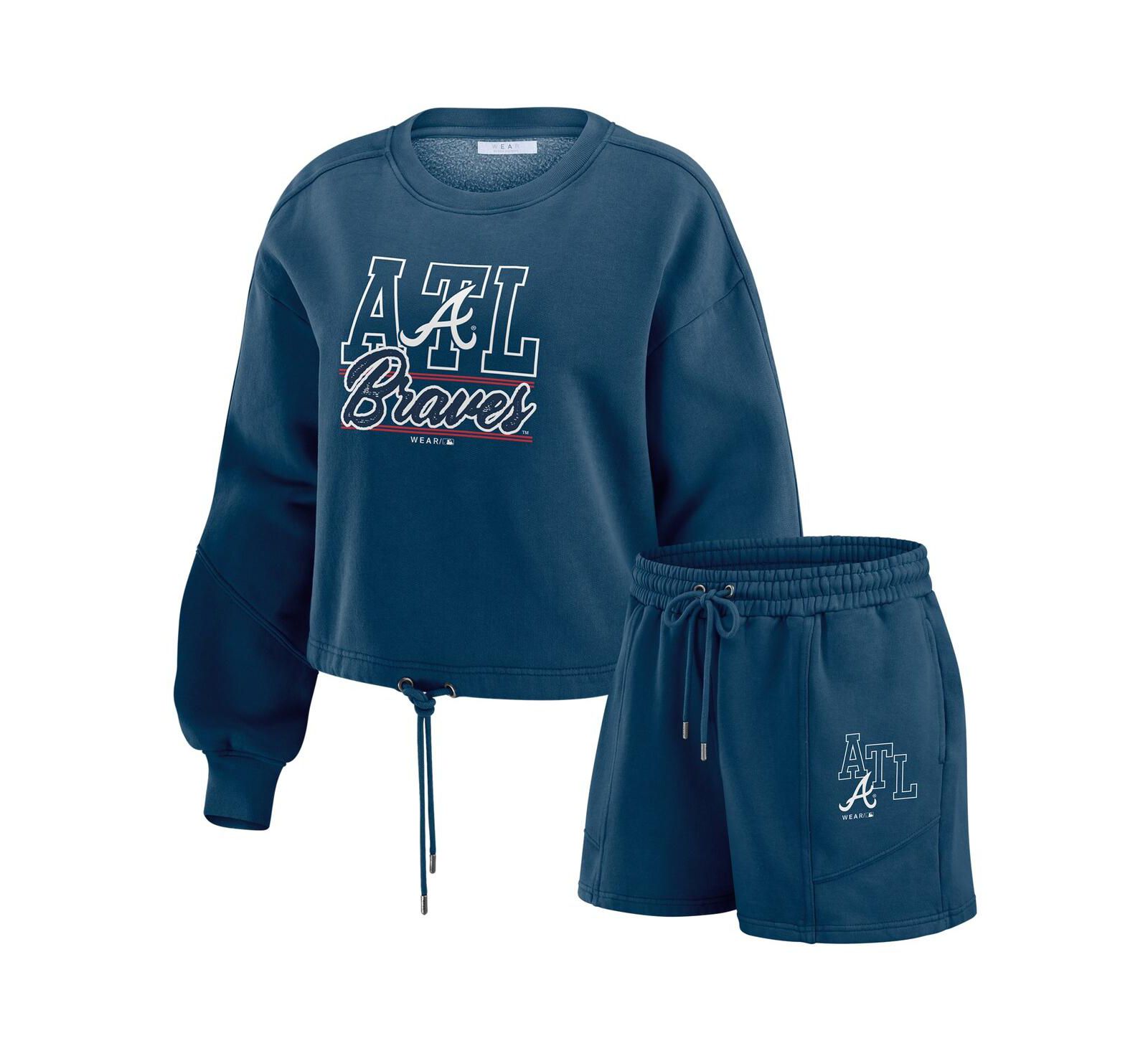 Женский домашний комплект WEAR by Erin Andrews Navy Atlanta Braves Washed Fleece Sweatshirt Shorts