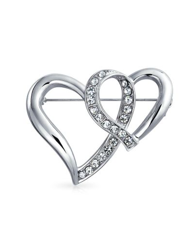 Bling Jewelry Romantic Crystal Brooch Pin - Double Heart Statement
