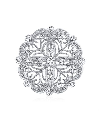 Bling Jewelry Art Deco Floral Heart Filigree CZ Round Scarf Brooch Pin Silver Plated
