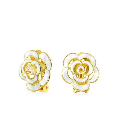 Bling Jewelry Button Style Enamel White Rose Flower Clip On Earrings Gold Plated