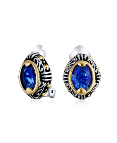 Bling Jewelry Bali Button Style Two Tone Blue Crystal Oval Clip-On Earrings Gold Plated