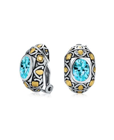 Bling Jewelry Bali Style Aqua Blue CZ Oval Clip-On Earrings Gold and Silver Plated
