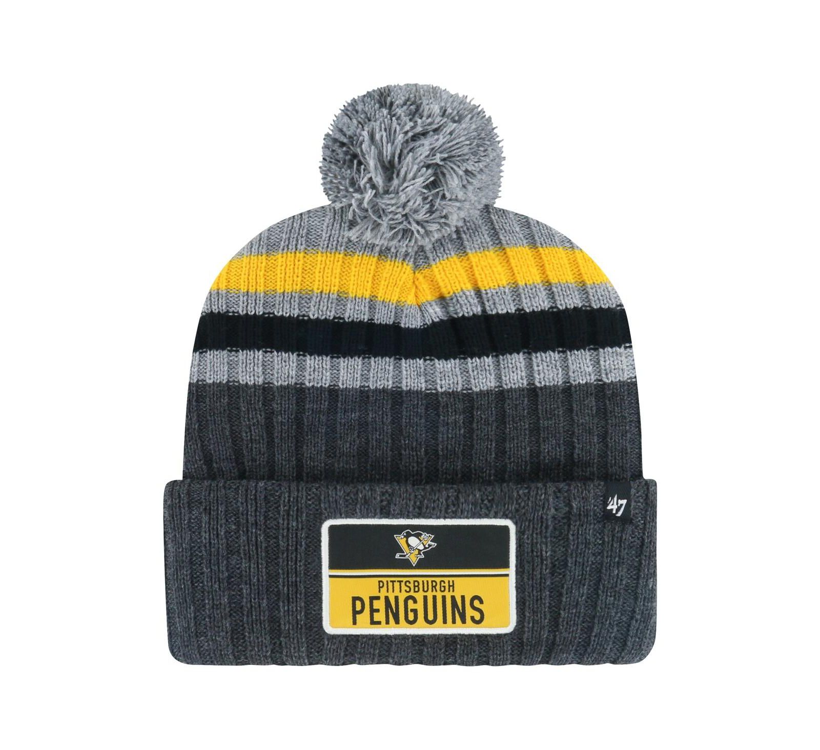 '47 Brand Men's Gray Pittsburgh Penguins Stack Patch Cuffed with Pom Knit Hat