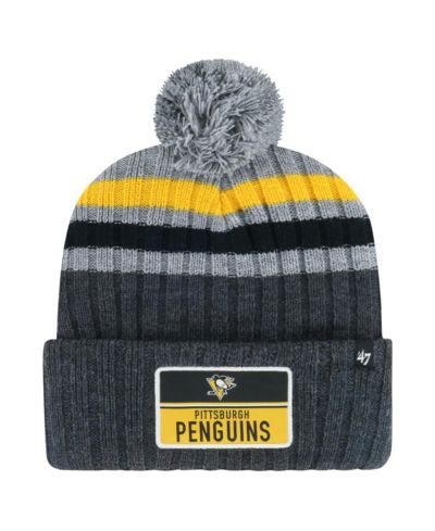 '47 Brand Men's Gray Pittsburgh Penguins Stack Patch Cuffed with Pom Knit Hat