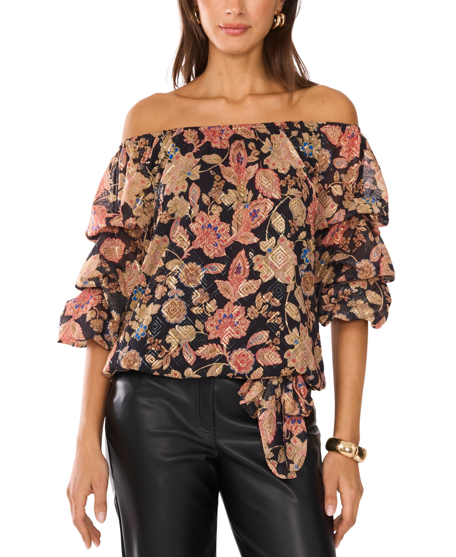 Vince Camuto Women's Floral Off-The-Shoulder Bubble 3/4-Sleeve Tie-Front Blouse
