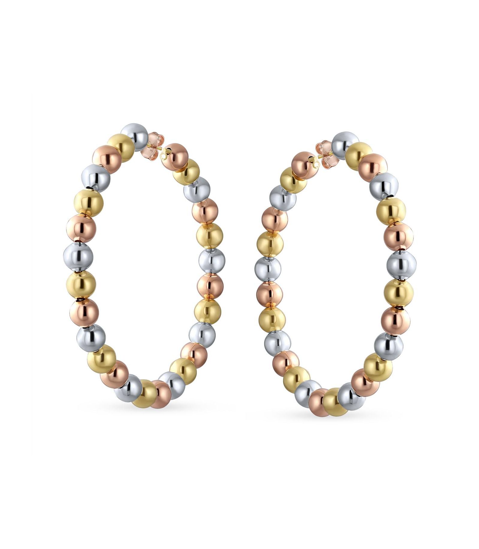 Bling Jewelry Tri Color Bead Hoop Earrings 18K Gold Plated 2.2" Latch Back Closure