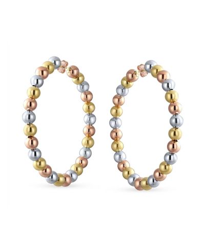 Bling Jewelry Tri Color Bead Hoop Earrings 18K Gold Plated 2.2" Latch Back Closure