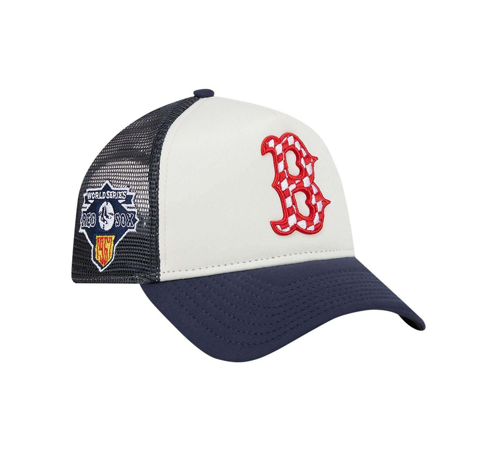 Мужская кепка New Era White/Navy Boston Red Sox Checkered Flag A-Frame Trucker 9FORTY Adjustable