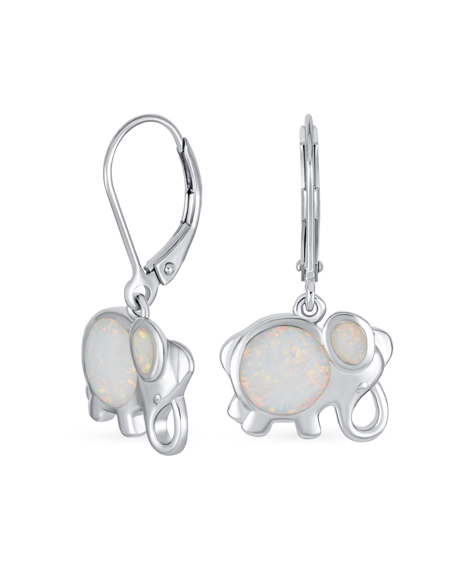 Bling Jewelry White Created Opal Lucky Elephant Dangle Earrings Sterling Silver Leverback