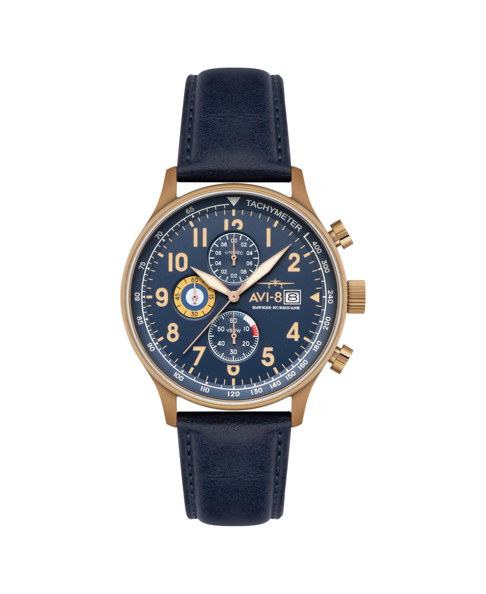 Мужские наручные часы AVI-8 Hawker Hurricane Classic Chronograph с синим кожаным ремешком, 43.5 мм
