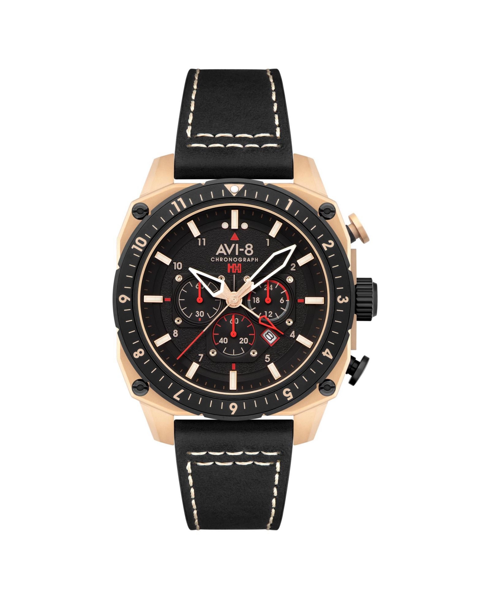 AVI-8 Men's Hawker Hunter Atlas Dual-Time Chronograph Black Leather Strap Watch, 44mm
