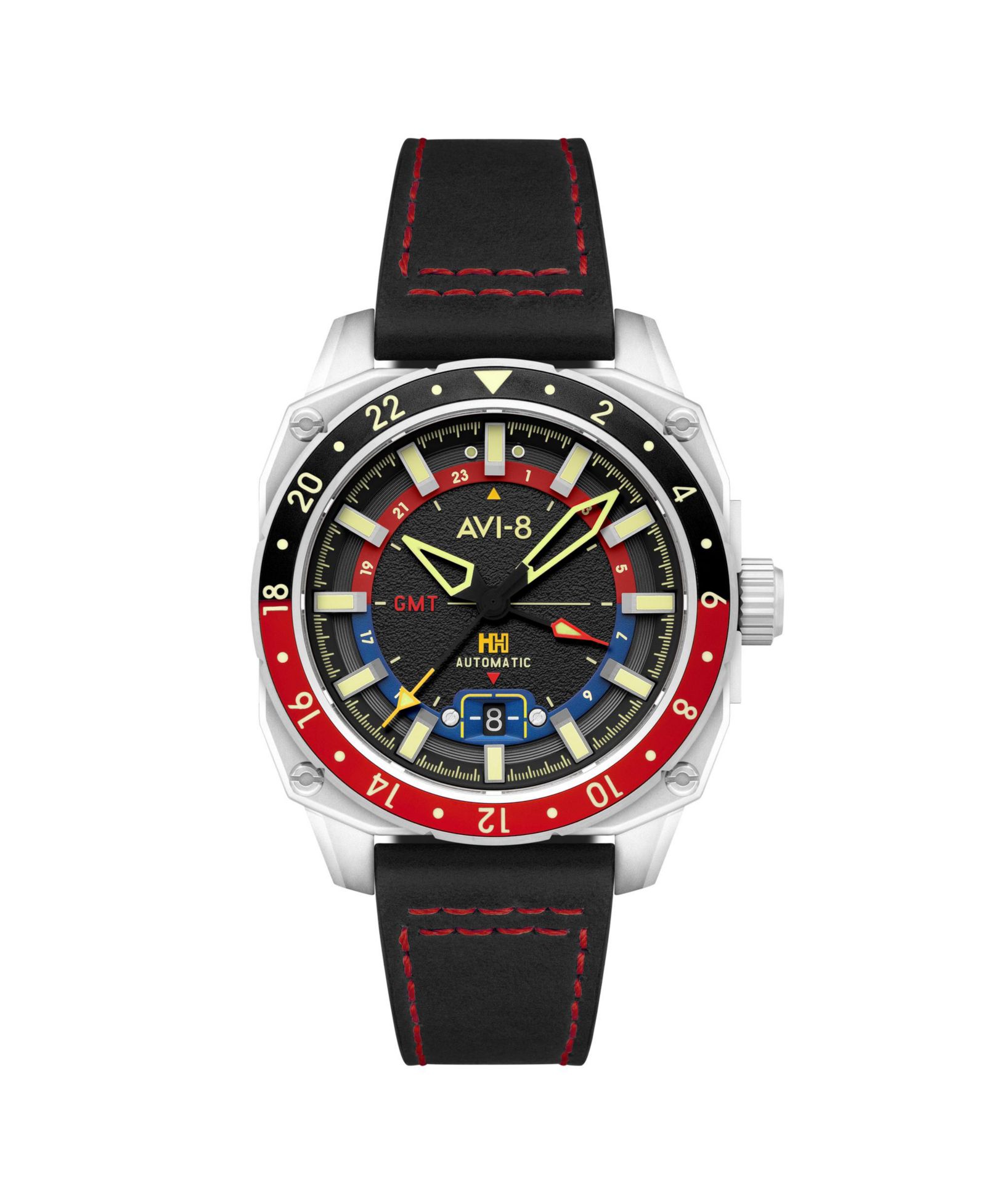 AVI-8 Мужские часы Hawker Hunter Atlas GMT Automatic Black Leather Strap 44mm