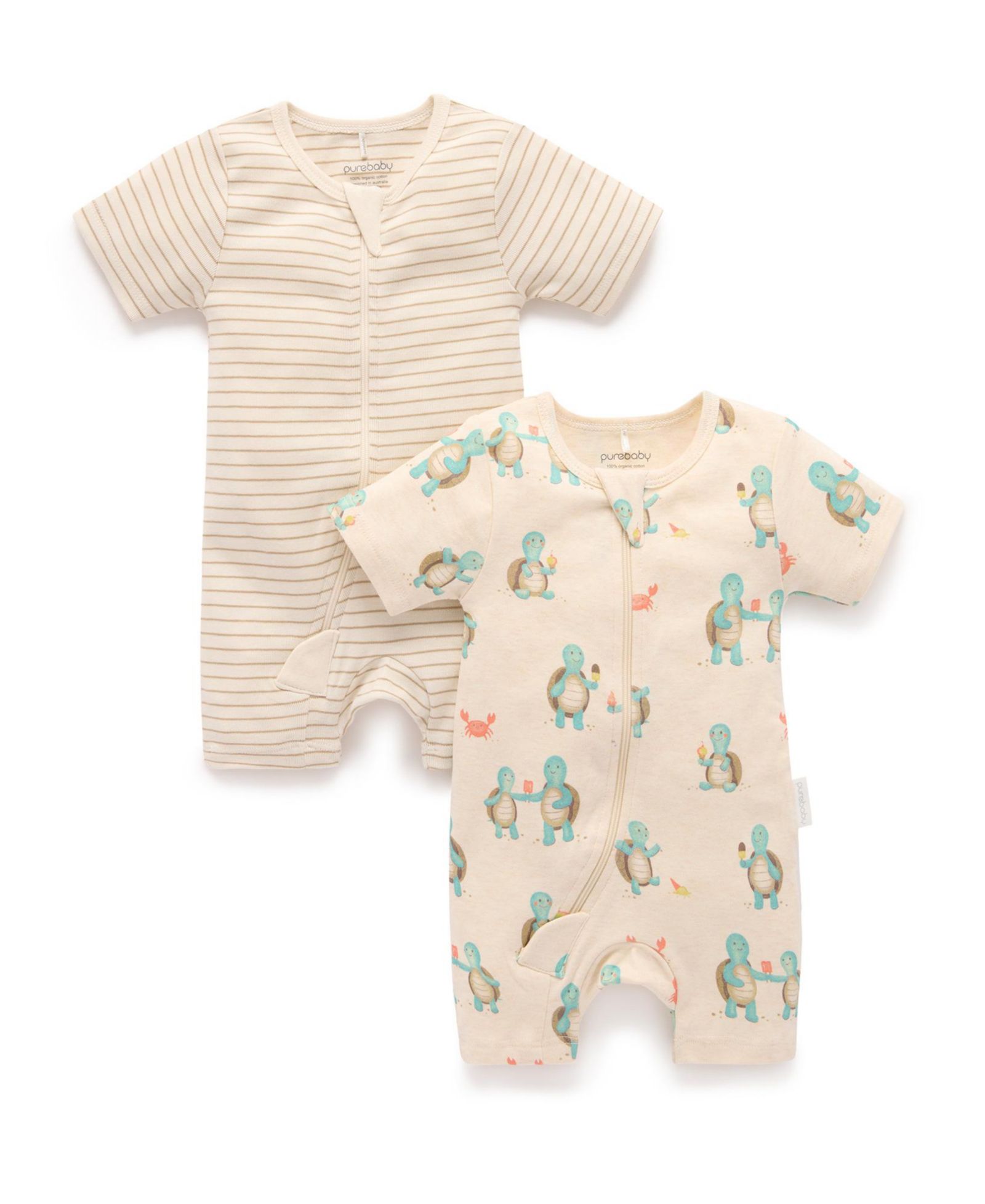 Purebaby Baby Boy and Baby Girl Short Sleeve 2 Pack Zip Coverall