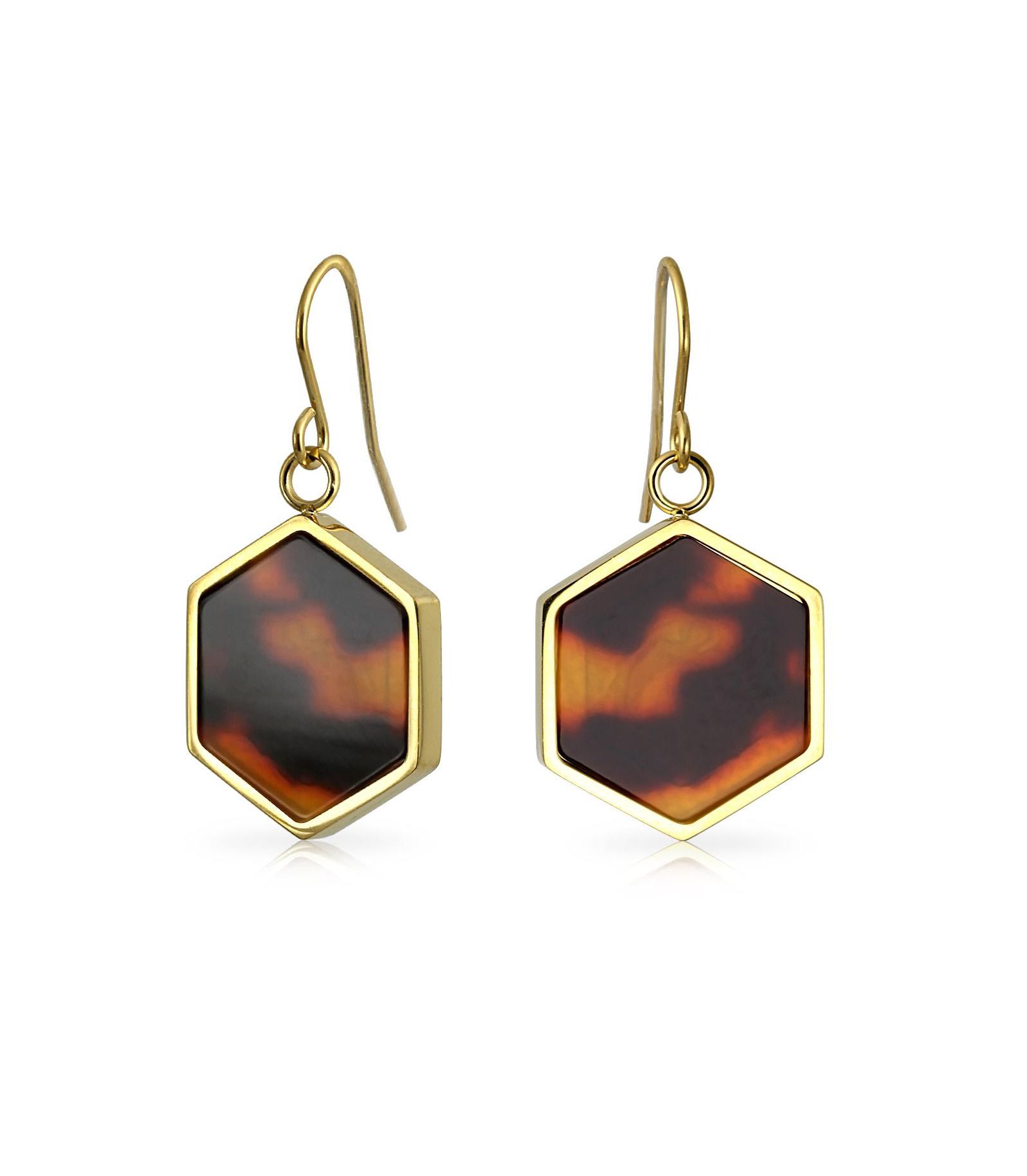 Bling Jewelry Hexagon Shape Faux Brown Tortoise-Shell Dangle Drop Earrings Gold Tone