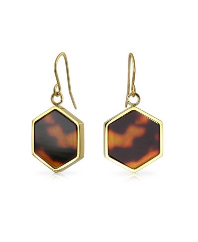 Bling Jewelry Hexagon Shape Faux Brown Tortoise-Shell Dangle Drop Earrings Gold Tone