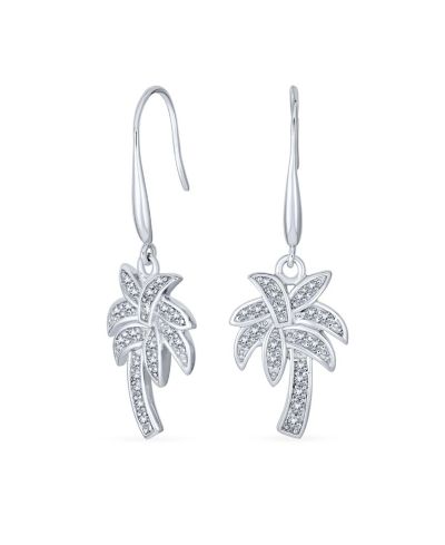 Bling Jewelry Tropical Beach Palm Tree Dangle Earrings Pave CZ .925 Sterling Silver