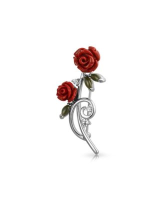 Bling Jewelry Floral Flower Red Roses Brooch Lapel Pin CZ Accents Silver Plated