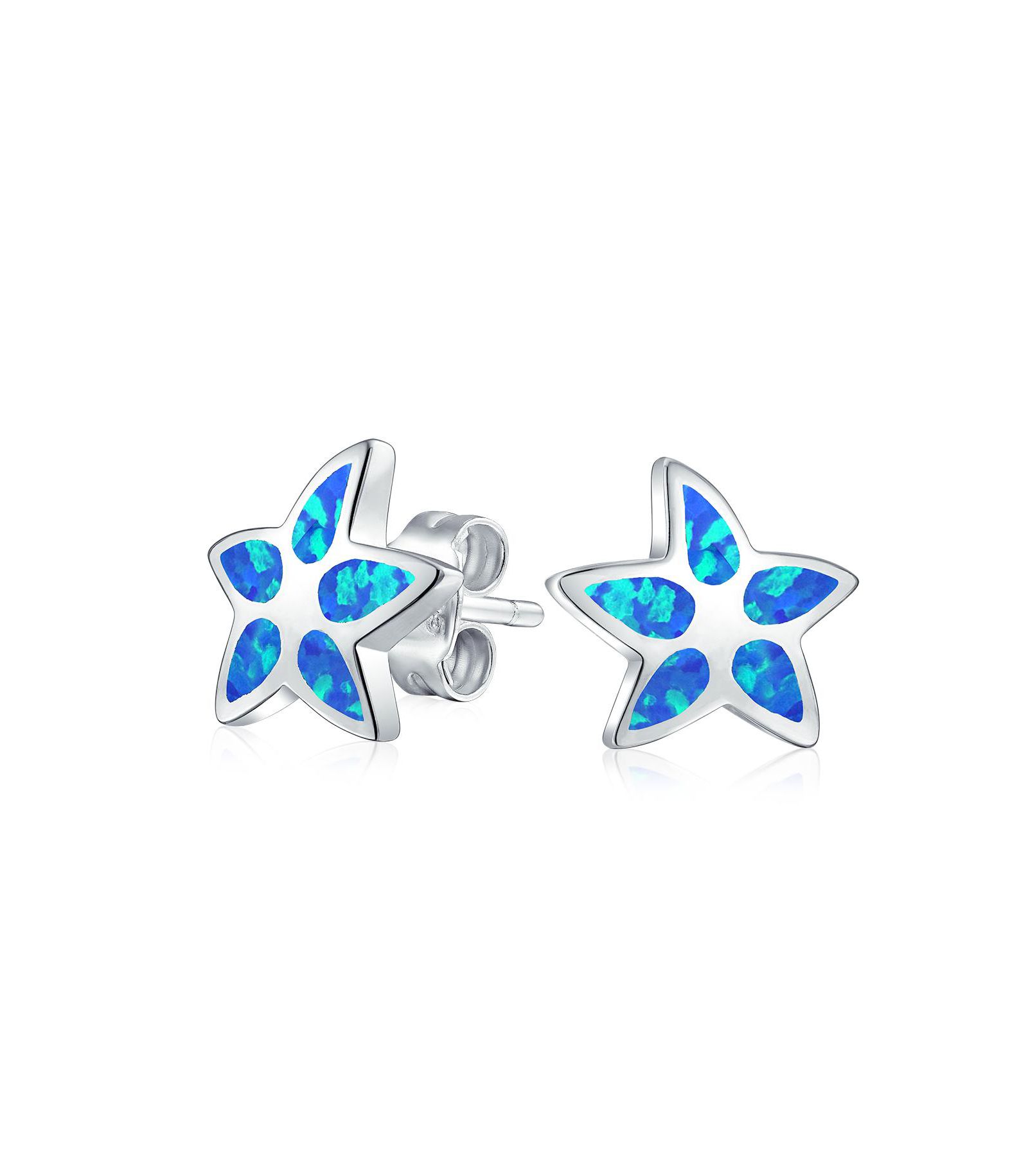 Bling Jewelry Nautical Created Blue Opal Inlay Starfish Earrings .925 Sterling Silver