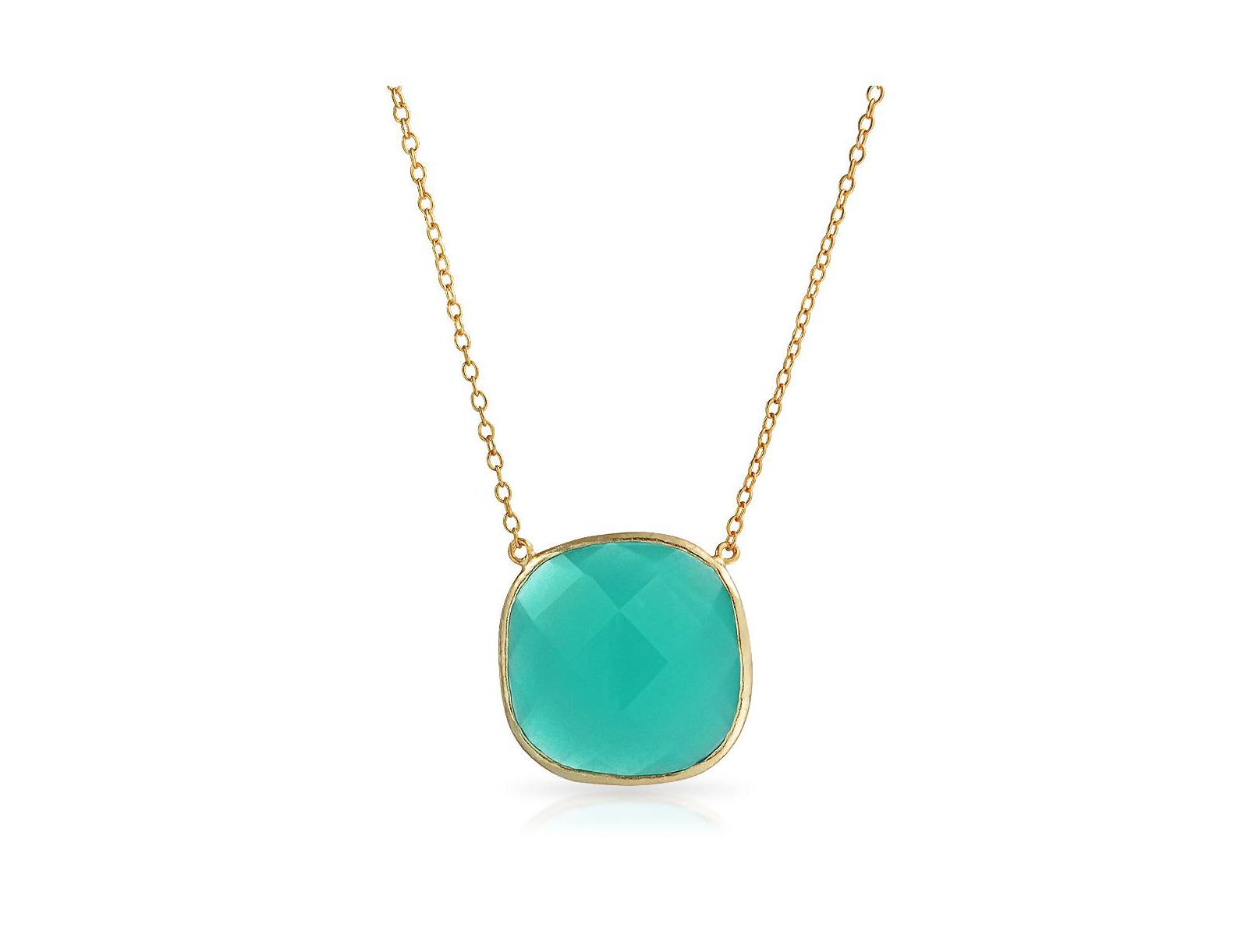 Bling Jewelry Exquisite Teal Blue-green Faceted Stone Pendant Necklace 14K Gold
