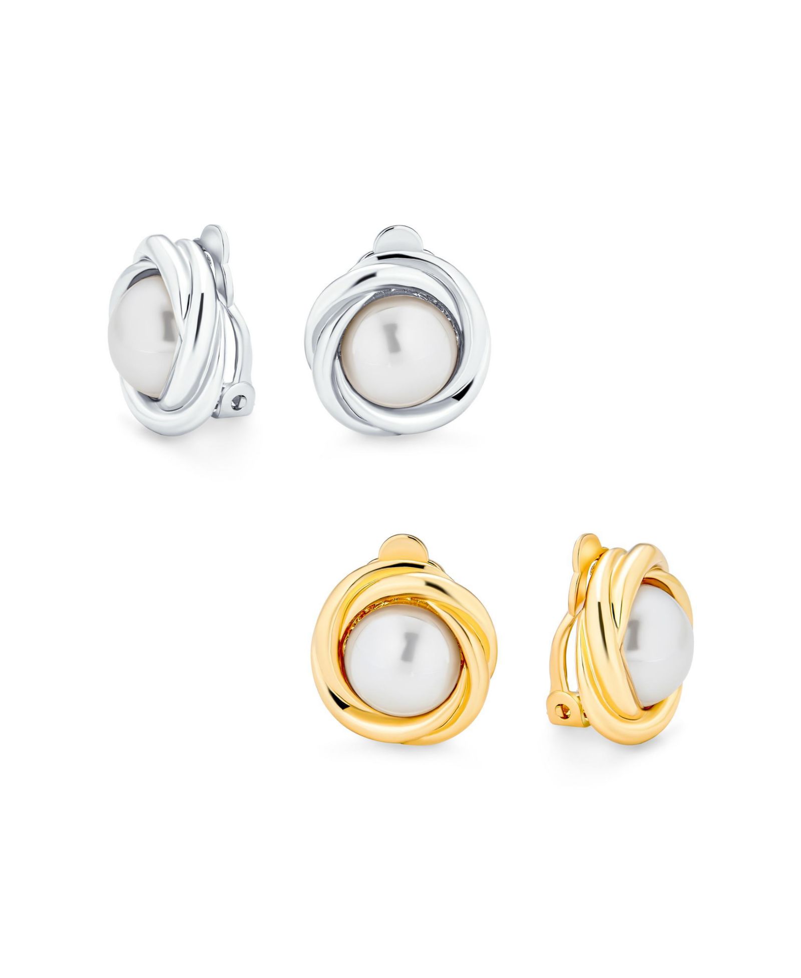 Bling Jewelry Button Style Faux White Pearl Clip On Earrings Silver Gold Plated (2 Set)