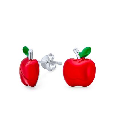 Серьги-гвоздики Bling Jewelry с эмалевым яблоком для учителей, серебро 925 пробы