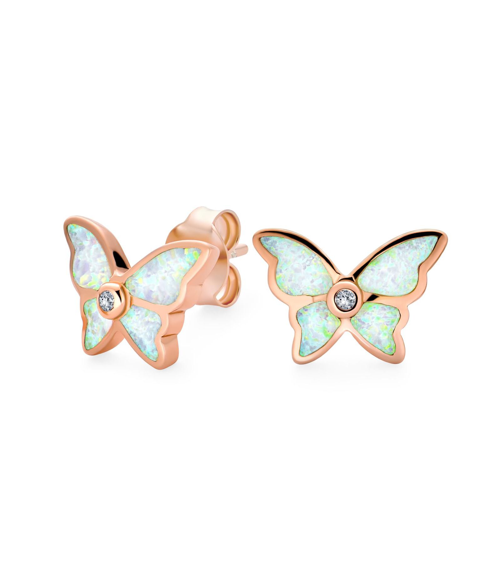 Bling Jewelry Butterfly Stud Earrings Created White Opal Inlay Rose Gold Sterling Silver