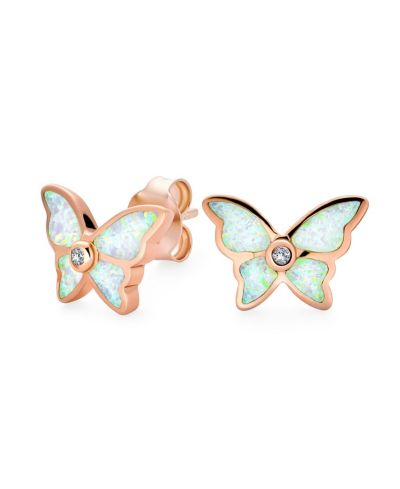 Bling Jewelry Butterfly Stud Earrings Created White Opal Inlay Rose Gold Sterling Silver