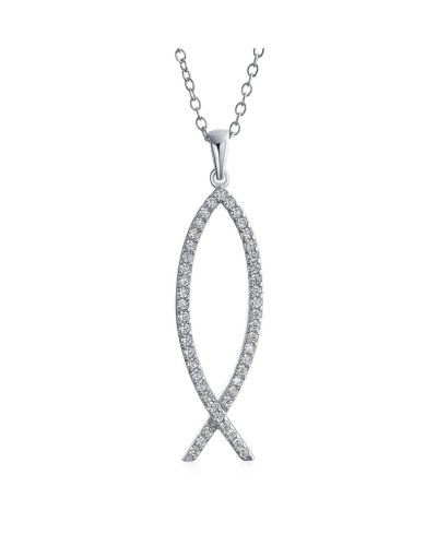 Bling Jewelry Cubic Zirconia CZ Jesus Fish Ichthys Pendant Necklace .925 Sterling Silver