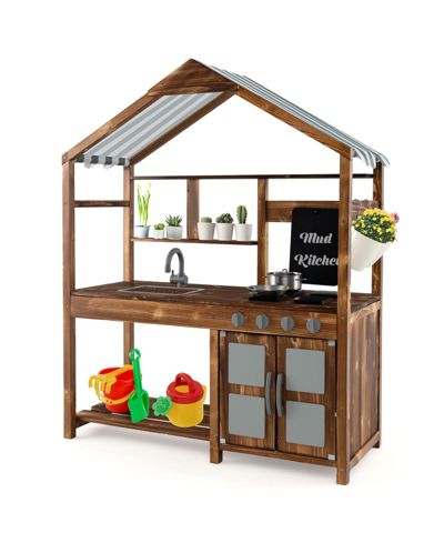 Kids Outdoor Mud Kitchen with Canopy and Solid Wood Play Table
