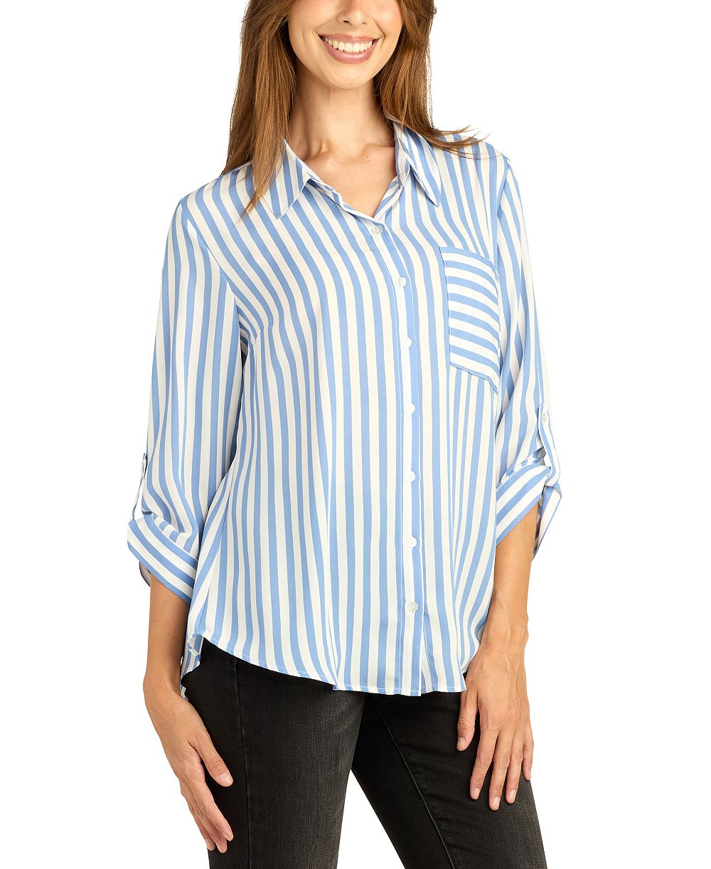 BCX Juniors' Striped Roll-Tab Long-Sleeve Button-Up Top
