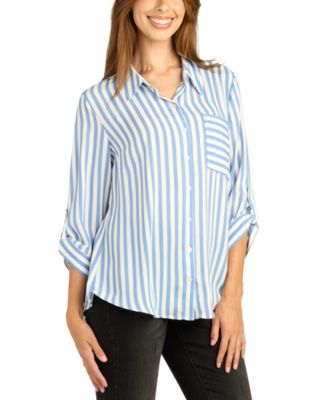 BCX Juniors' Striped Roll-Tab Long-Sleeve Button-Up Top