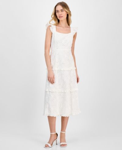 Женское миди-платье Anne Klein Eyelet Square-Neck Tiered
