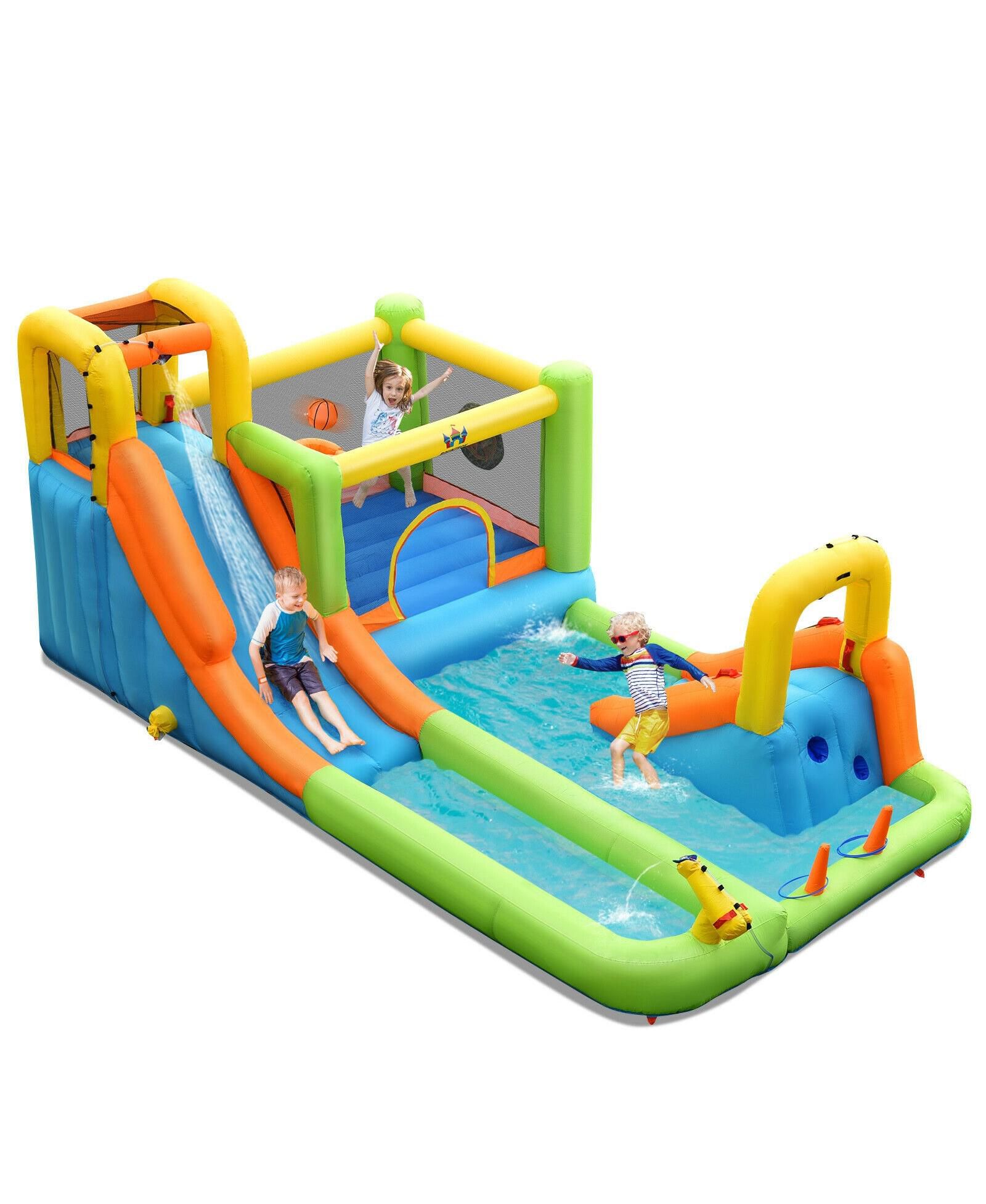 Slickblue 8-in-1 Inflatable Water Slide Bounce House, 198"L x 114"W x 85"H, Up to 3 Players, Ages 3+