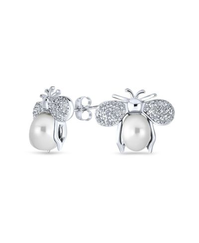 Bling Jewelry серьги-гвоздики Bumble Bee с жемчугом CZ Silver Plated