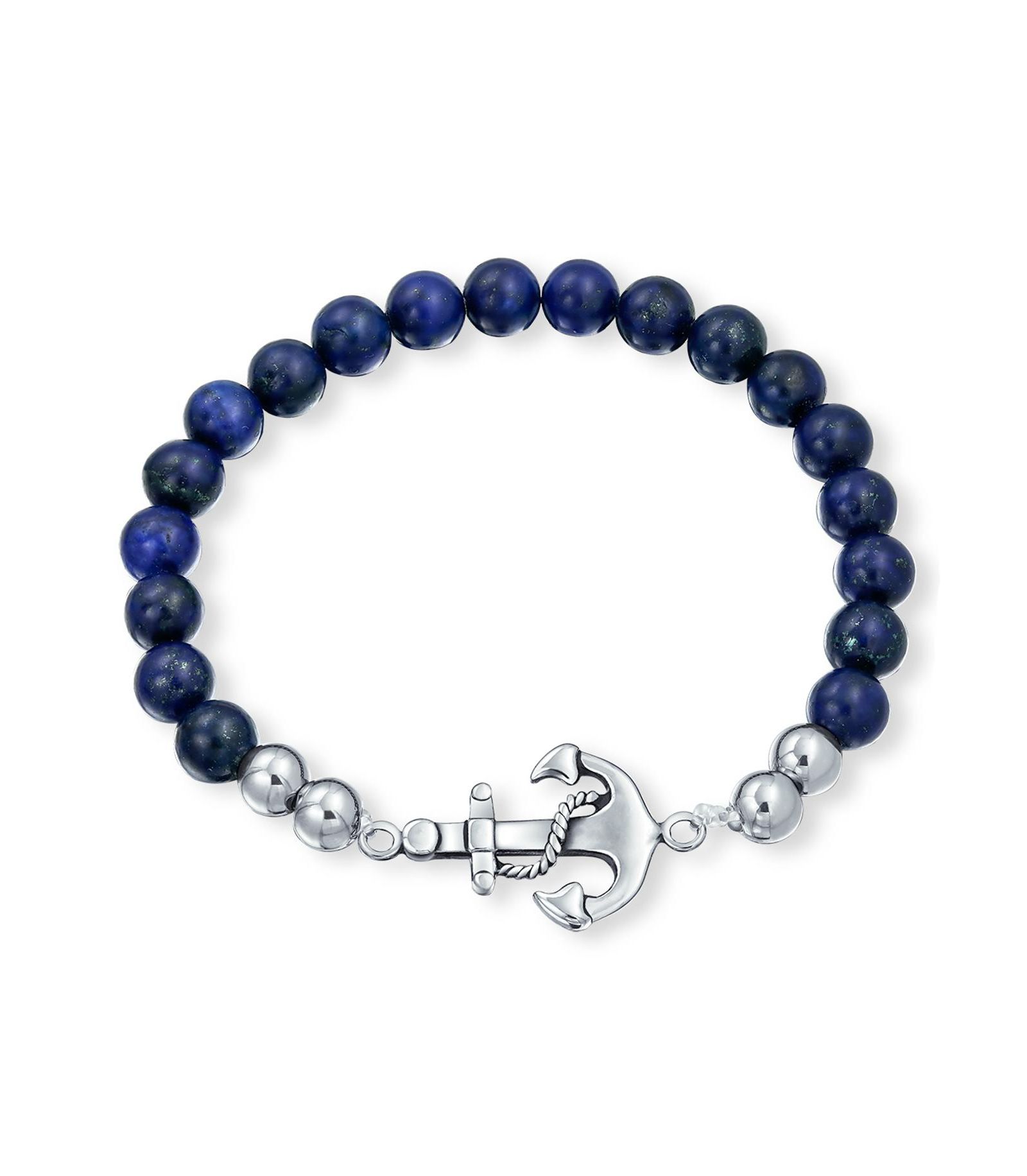Bling Jewelry Aqua Blue Turquoise Bead Nautical Anchor Stretch Bracelet Stainless Steel