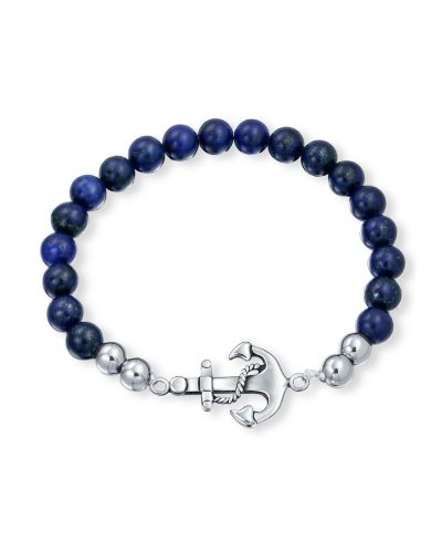 Bling Jewelry Aqua Blue Turquoise Bead Nautical Anchor Stretch Bracelet Stainless Steel