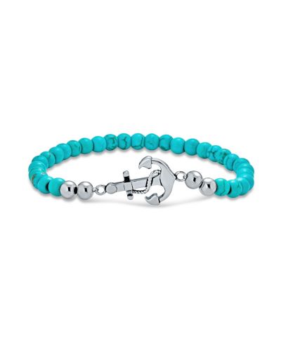 Bling Jewelry Aqua Blue Turquoise Bead Nautical Anchor Stretch Bracelet Stainless Steel