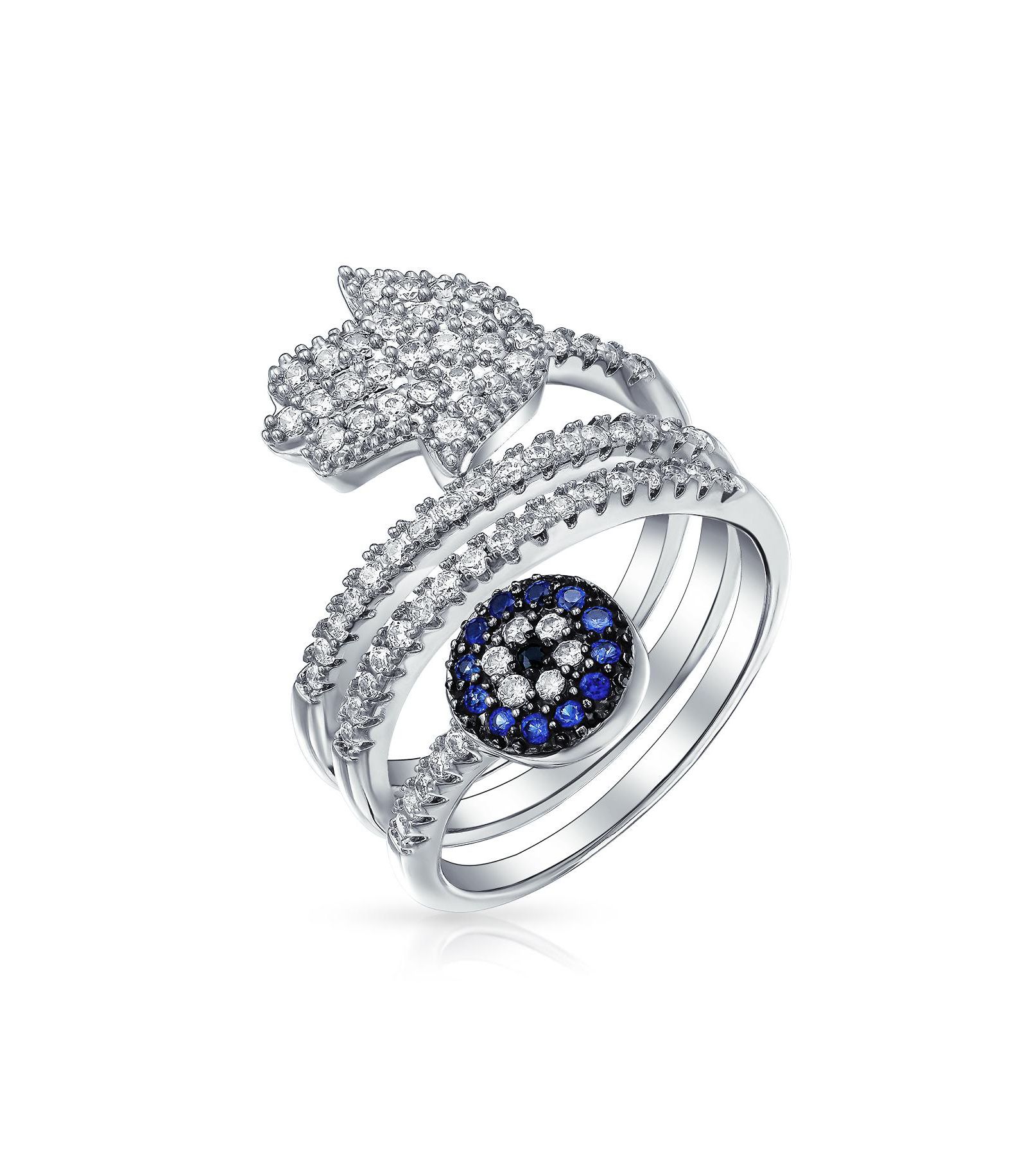 Bling Jewelry Spiritual Blue CZ Hamsa Evil Eye Statement Ring Wrap Band Silver Plated